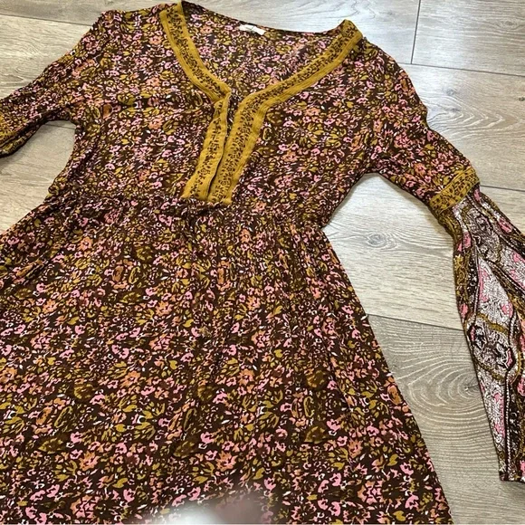 Rebellion Floral Bell Sleeve Prairie Mini Dress in Fall Colors - Picture 4 of 12